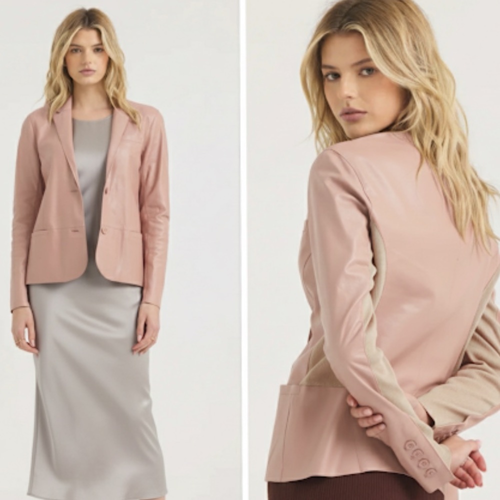 JKT NYC Allison Burnished Blush Pink Leather Blazer With Ribbed Knit Panels S